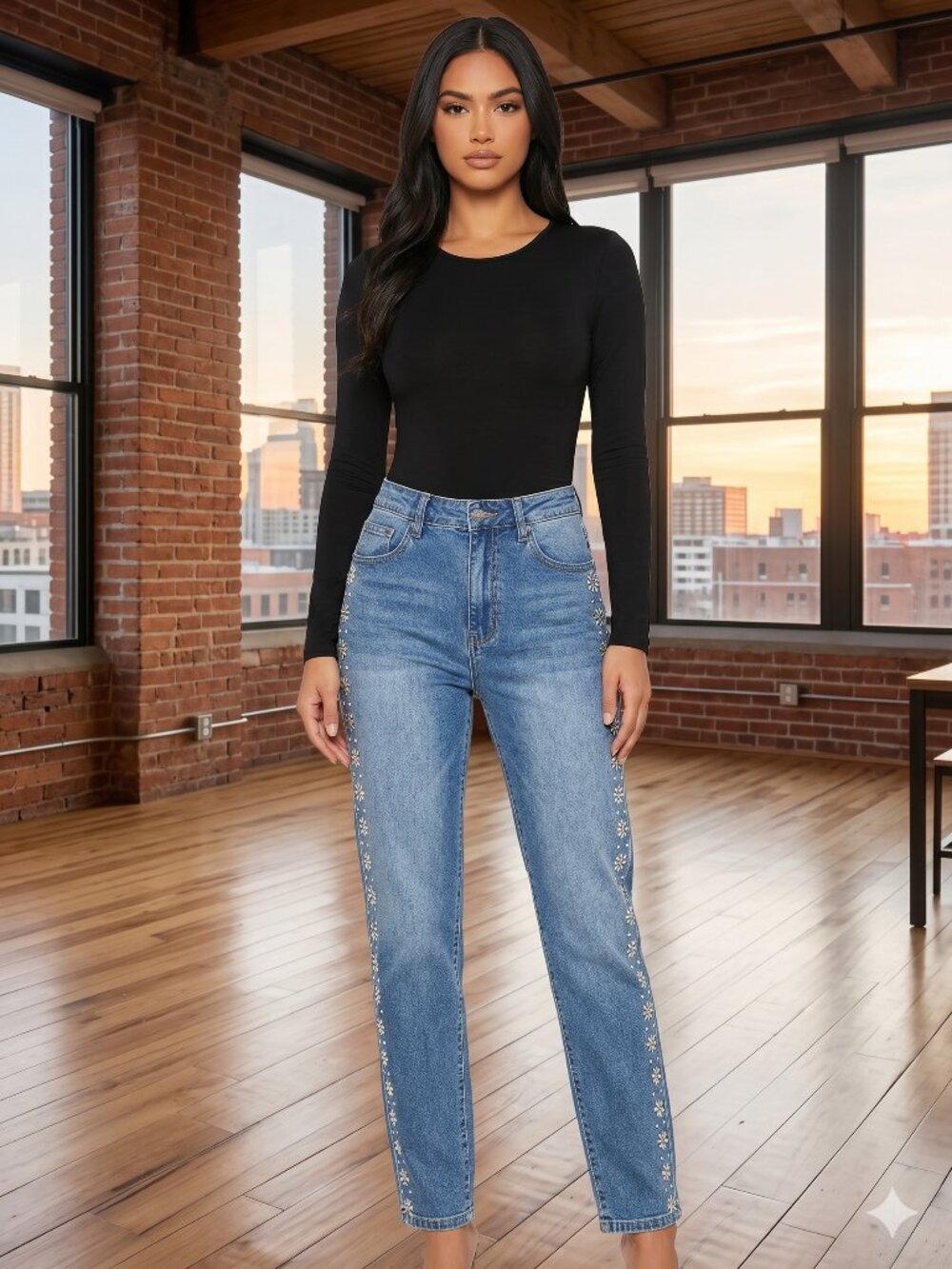 ontwelth‎ Floral Rhinestone Embellished High Rise Straight Jeans